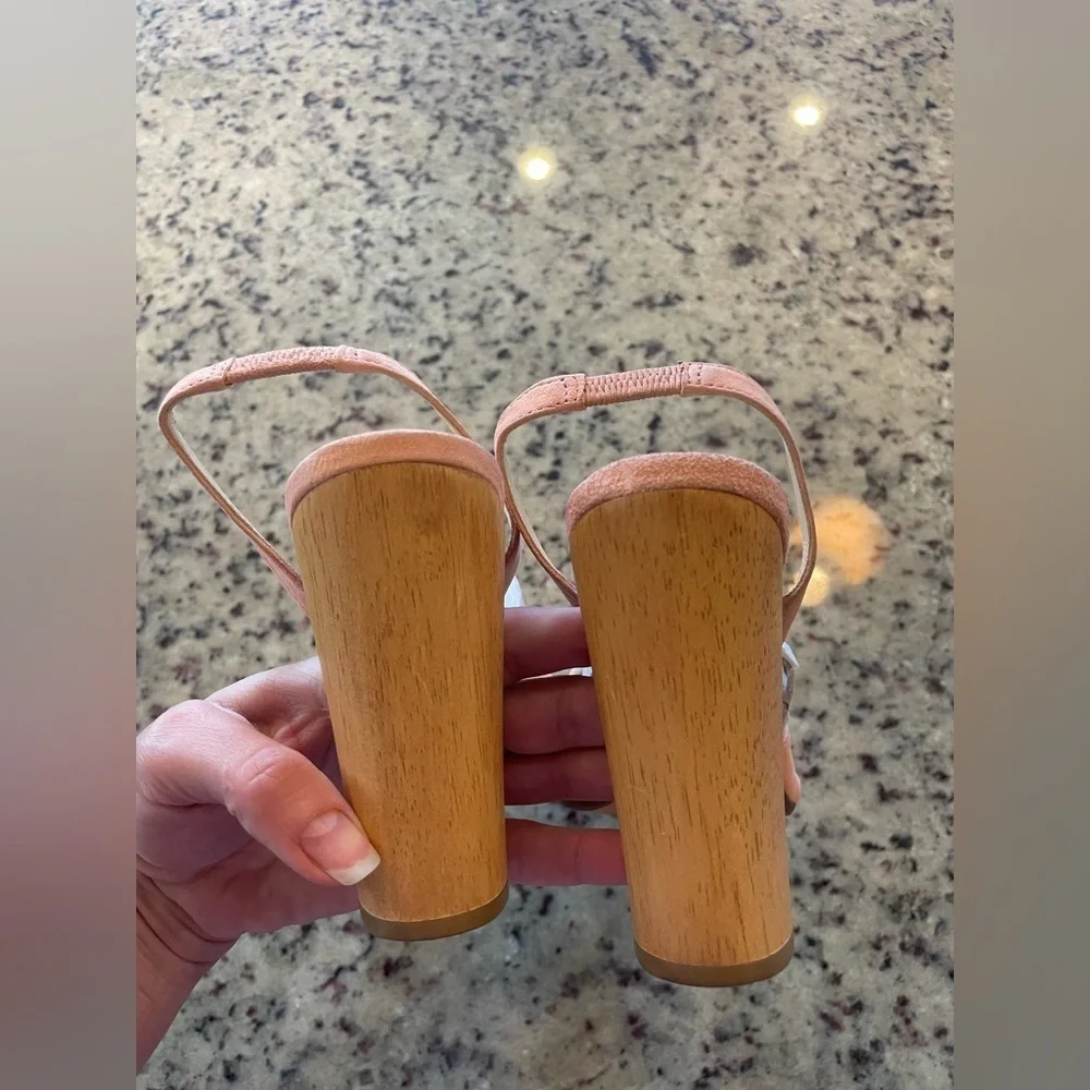 Talbots peach suede wooden black heel sling back sandals size 8.5